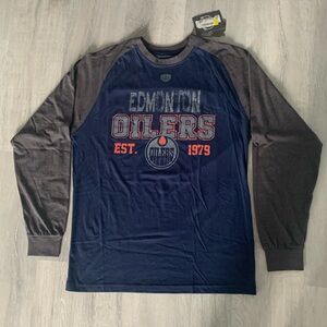 Long sleeve Edmonton Oilers navy and grey t shirt.